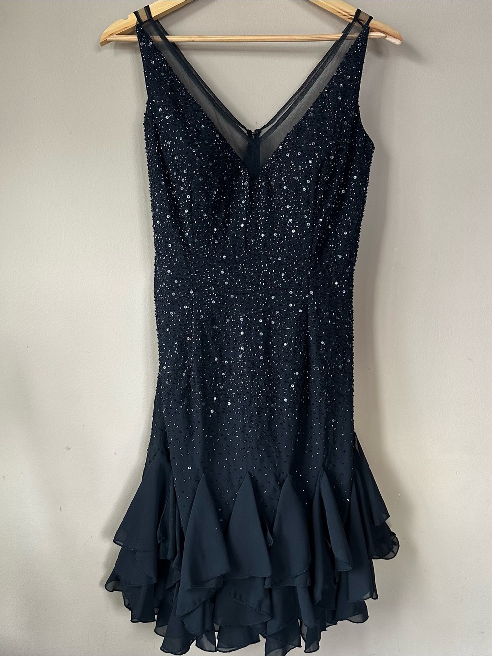 Vintage Y2K Hannah S Black Beaded Cocktail Dress Mesh V Neck